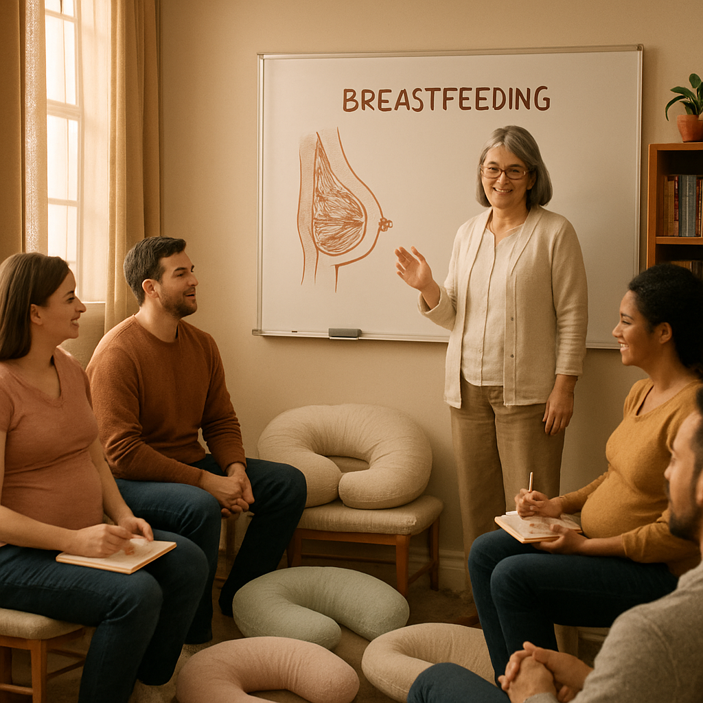 "A Group childbirth education class with moms and dads listening to instructor"