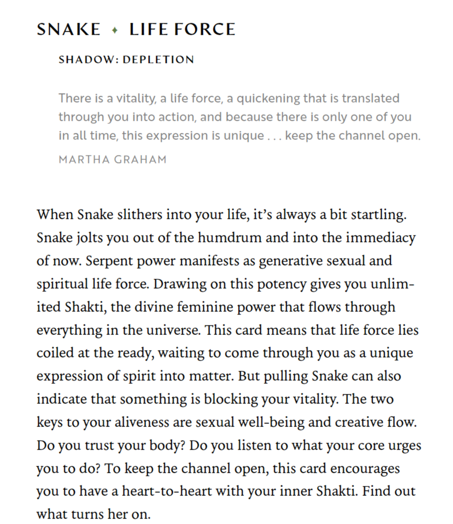Page from a book or card with text about snake symbolism and spiritual energy, titled "Snake: Life Force" discussing vitality, depleting shadow, and divine feminine power.