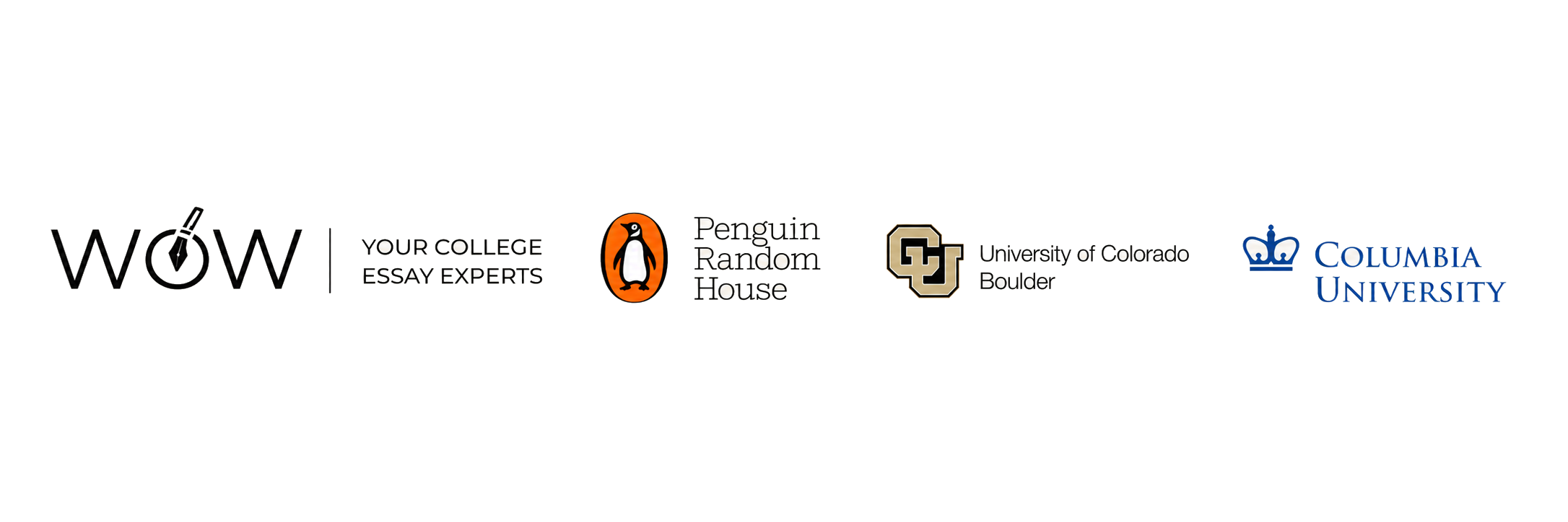 A long horizontal graphic banner featuring logos of Columbia University and University of Colorado Boulder, with text labels for WOW, Your College Essay Experts, Penguin House, and random house.