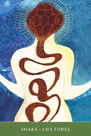 Abstract artwork of a human figure with a snake coiled inside, with a snake's head on top of the head, against a blue background.