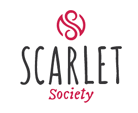 Logo for Scarlet Society featuring a stylized red icon above the word 'Scarlet' in black and 'Society' in pink.
