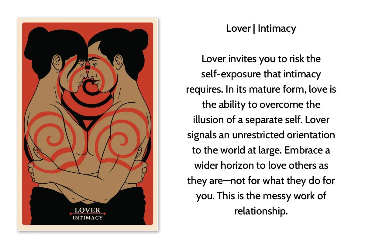 An illustration of two women with black hair in buns, facing each other with foreheads and noses touching, forming a symmetrical design. The background is red with swirling patterns on their arms and faces. 