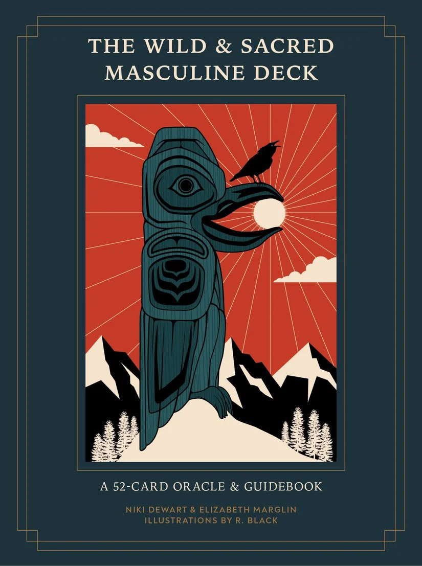 A book cover titled "The Wild & Sacred Masculine Deck" with an illustration of a totem pole in a mountainous landscape, a bird perched on the totem's beak, set against a red sunset or sunrise with clouds.