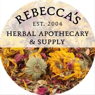 Circular logo for Rebecca's Herbal Apothecary & Supply, established in 2004, featuring dried herbs and flowers.