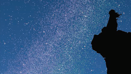 A silhouette of a person sitting on a cliff watching a starry night sky.