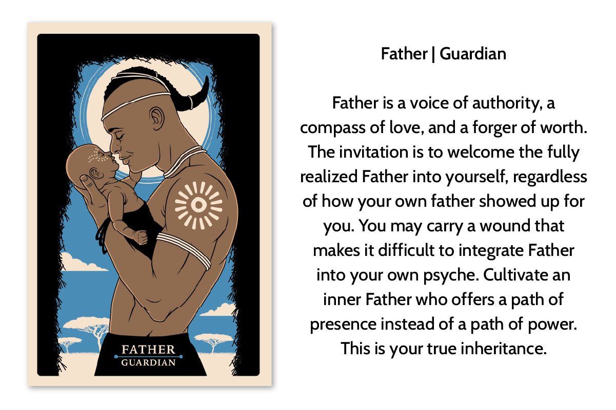 An illustration of a father holding his child close, both with their foreheads touching, set against a blue sky with clouds. The father has a tattoo on his arm and traditional jewelry, symbolizing cultural heritage.