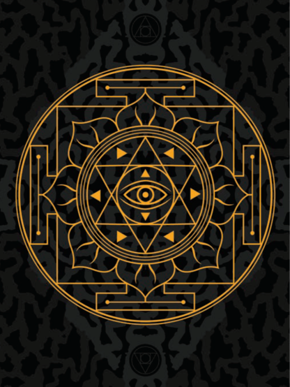 A geometric and mystical design featuring an eye at the center, surrounded by triangles, circles, and floral patterns in gold on a black background.