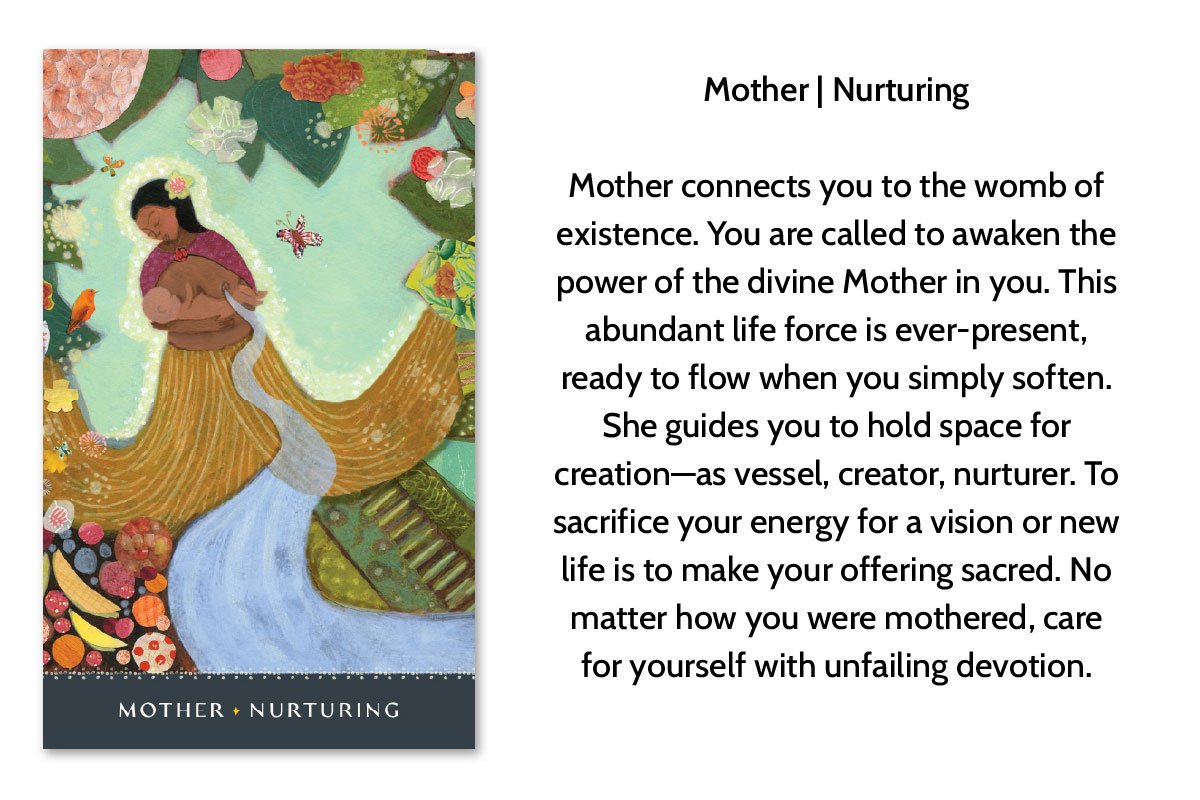 Artwork showing a nurturing mother cradling a baby in a lush, colorful natural setting with flowers, trees, animals, and a flowing stream, symbolizing motherhood and nurturing