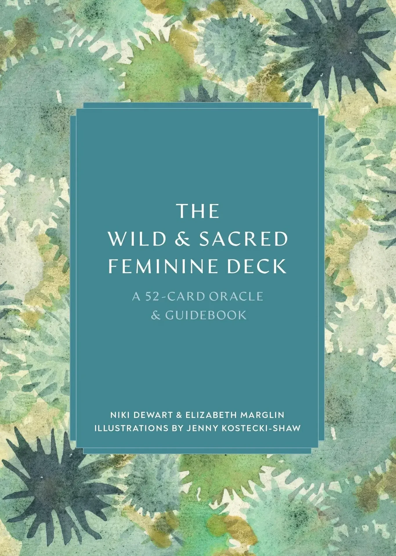 Cover of a card deck and guidebook titled 'The Wild & Sacred Feminine Deck.' The background has abstract, watercolor-style images of sea urchins or similar spiky marine creatures in shades of green, blue, and yellow.