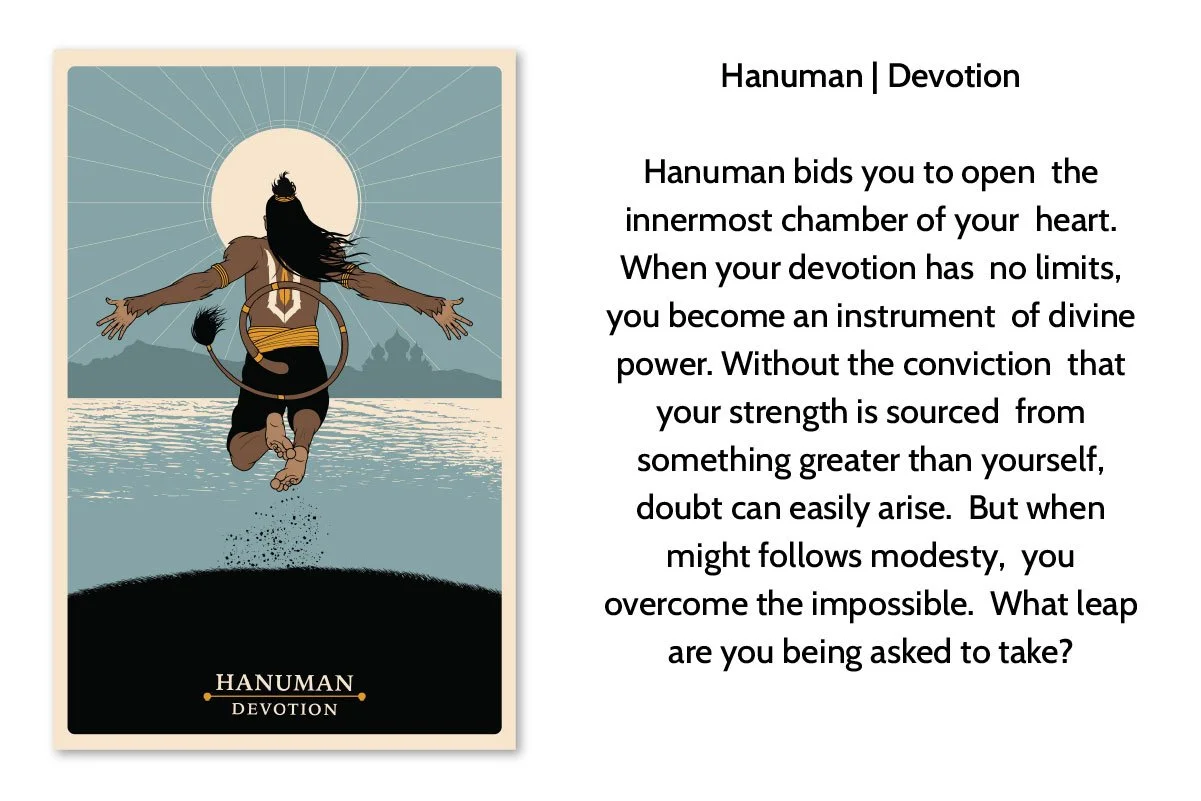 Artistic illustration of Hanuman with arms outstretched, leaping over water with mountains and a large sun in the background, representing devotion.
