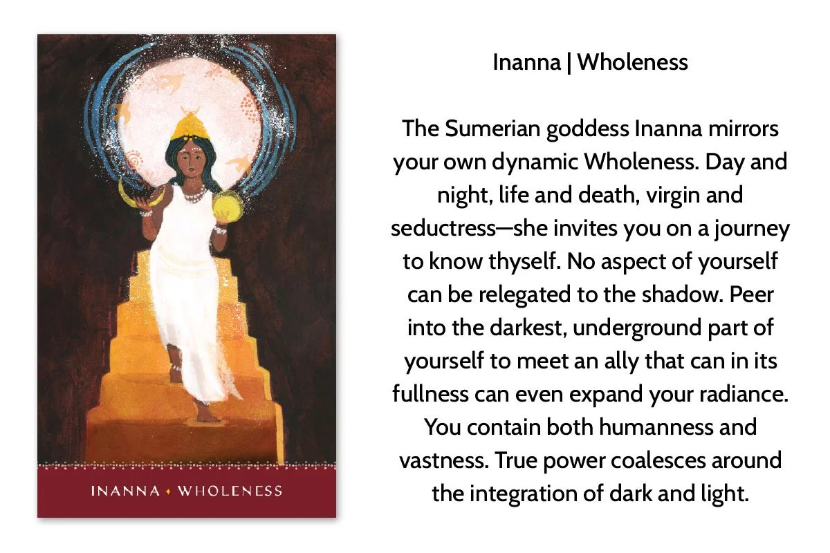 Artwork of a Sumerian goddess Inanna, depicted as a dark-skinned woman with a yellow crown, wearing a white dress, holding two orbs, sitting on stairs with a halo of blue and white circles behind her.
