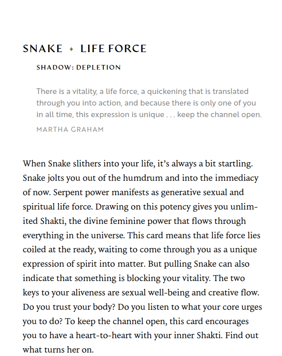 A card from a deck called 'Snake Life Force' with a title 'Shadow: Depletion.' The card features an explanation of the spiritual significance of snake slithering into one's life, mentioning serpent power, divine feminine power, and the importance of trusting one's body and inner Shakti.