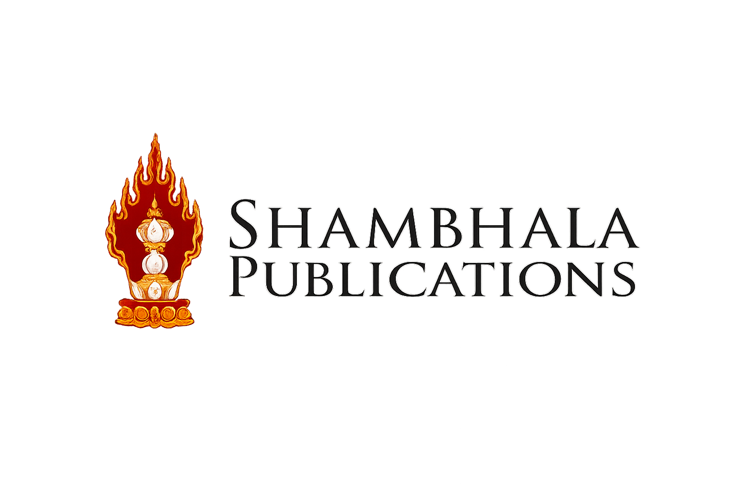 Logo of Shambhala Publications featuring a stylized flame with three white lotus blossoms inside and the text 'Shambhala Publications' in black.
