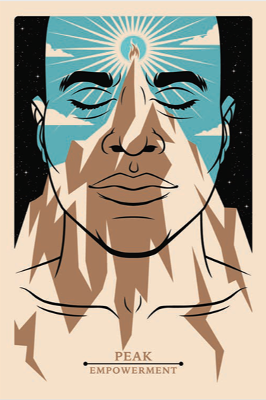 Illustration of a man with closed eyes, a serene expression, and mountains on his face. A radiant sun is shining above their forehead, and clouds are behind their head. The words 'Peak—Empowerment' are at the bottom.