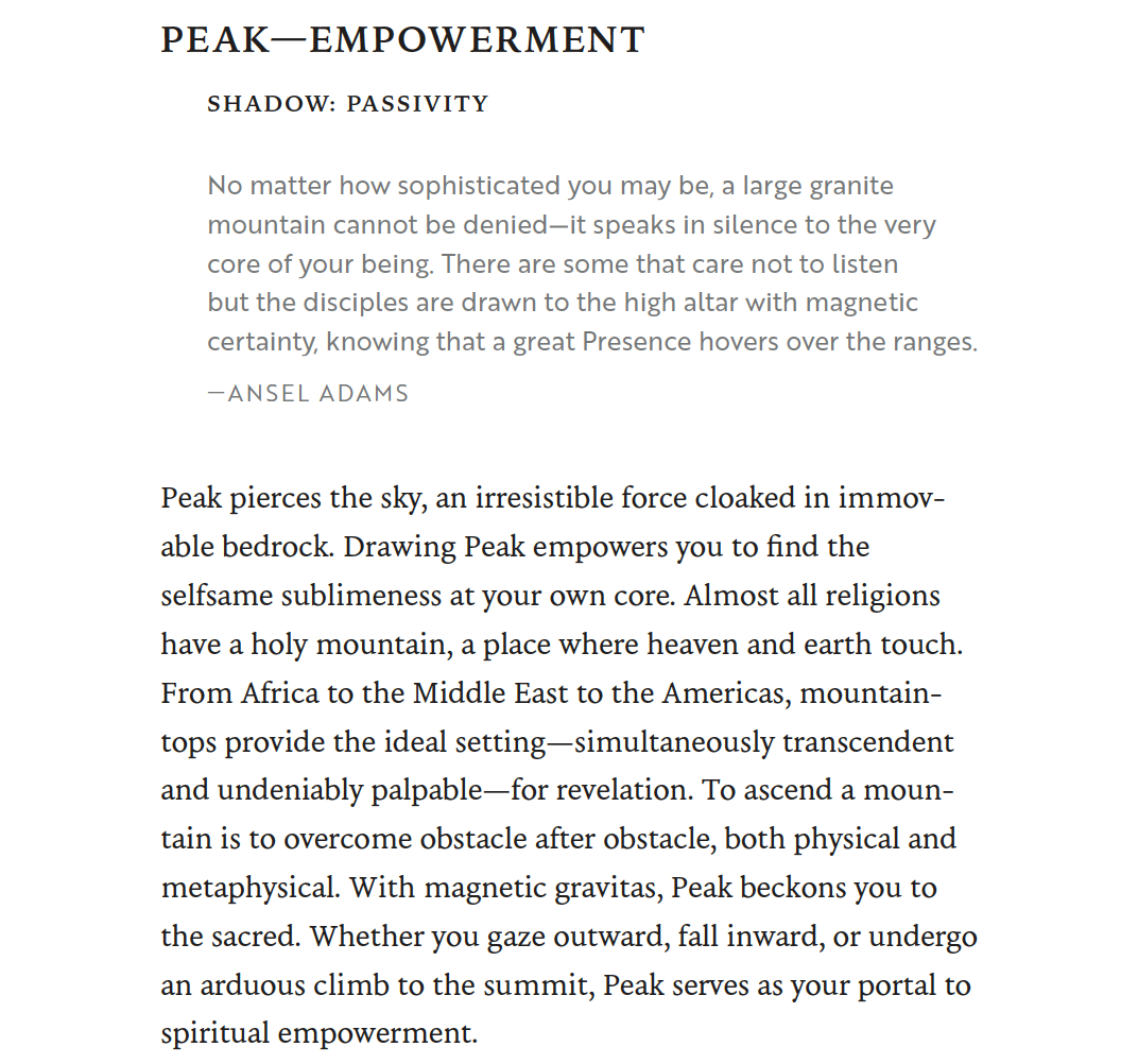 A page of text with the title 'Peak—Empowerment' and the subtitle 'Shadow: Passivity.' The text discusses the symbolism of mountain peaks representing strength, spiritual awakening, and overcoming obstacles, referencing a quote by Ansel Adams.