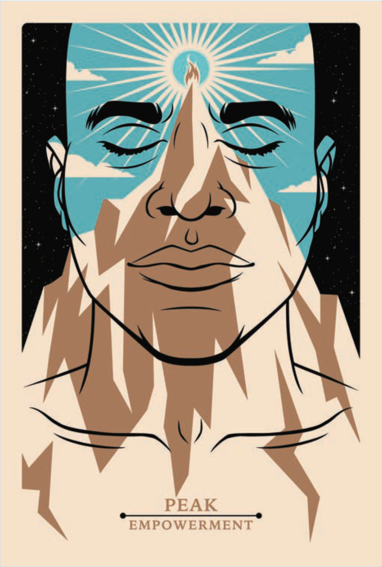Illustration of a person's face with closed eyes, mountain peaks on the chin, clouds across the eyes, and a radiant sunburst above the forehead, symbolizing peak empowerment.