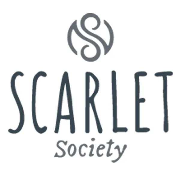 Logo for Scarlet Society featuring a circular emblem with an abstract design and the words 'Scarlet Society' beneath it.