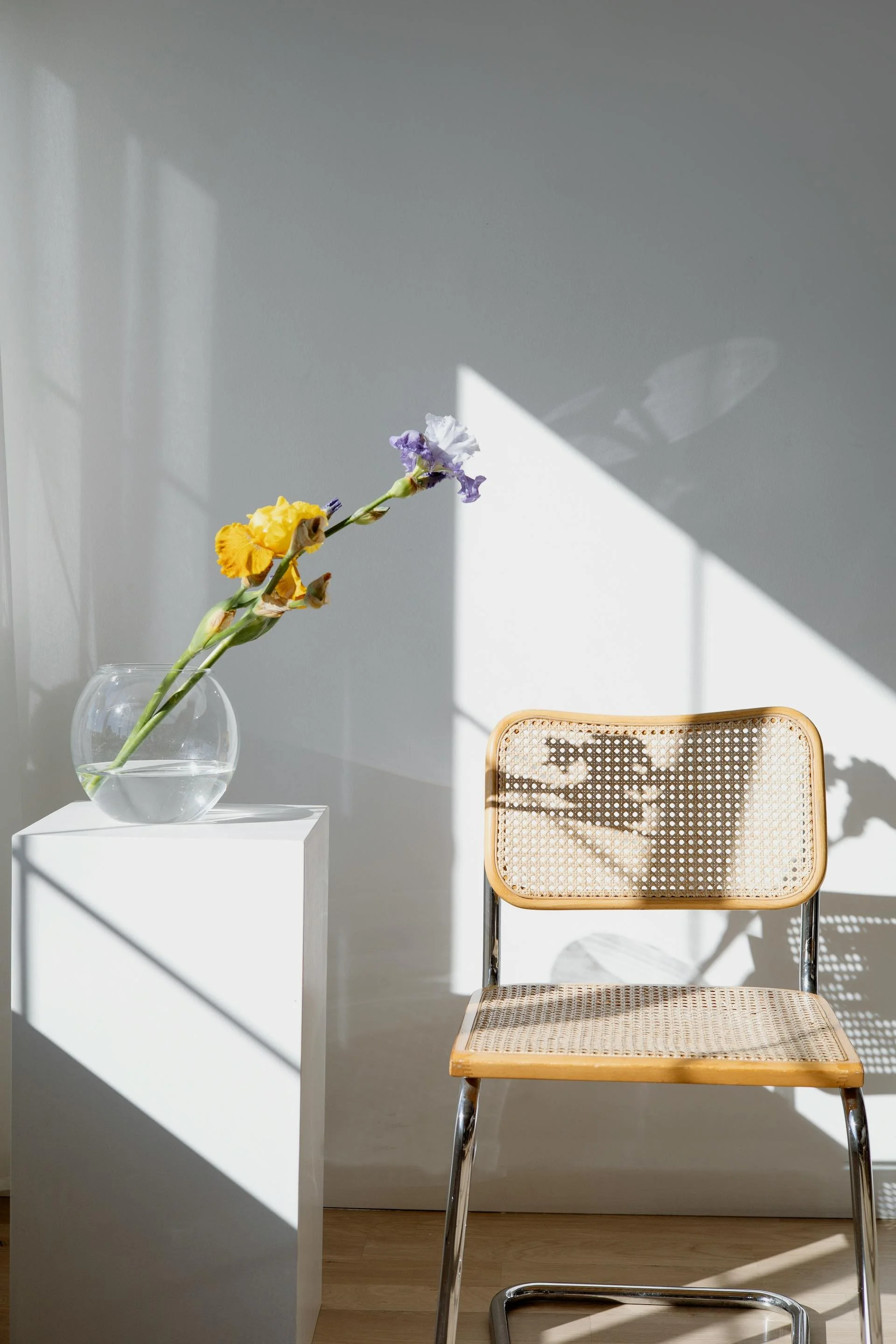 A brightly lit room. There is a yellow and purple flower in a rounded vase on a white stand. There is a simple brown chair next to it.