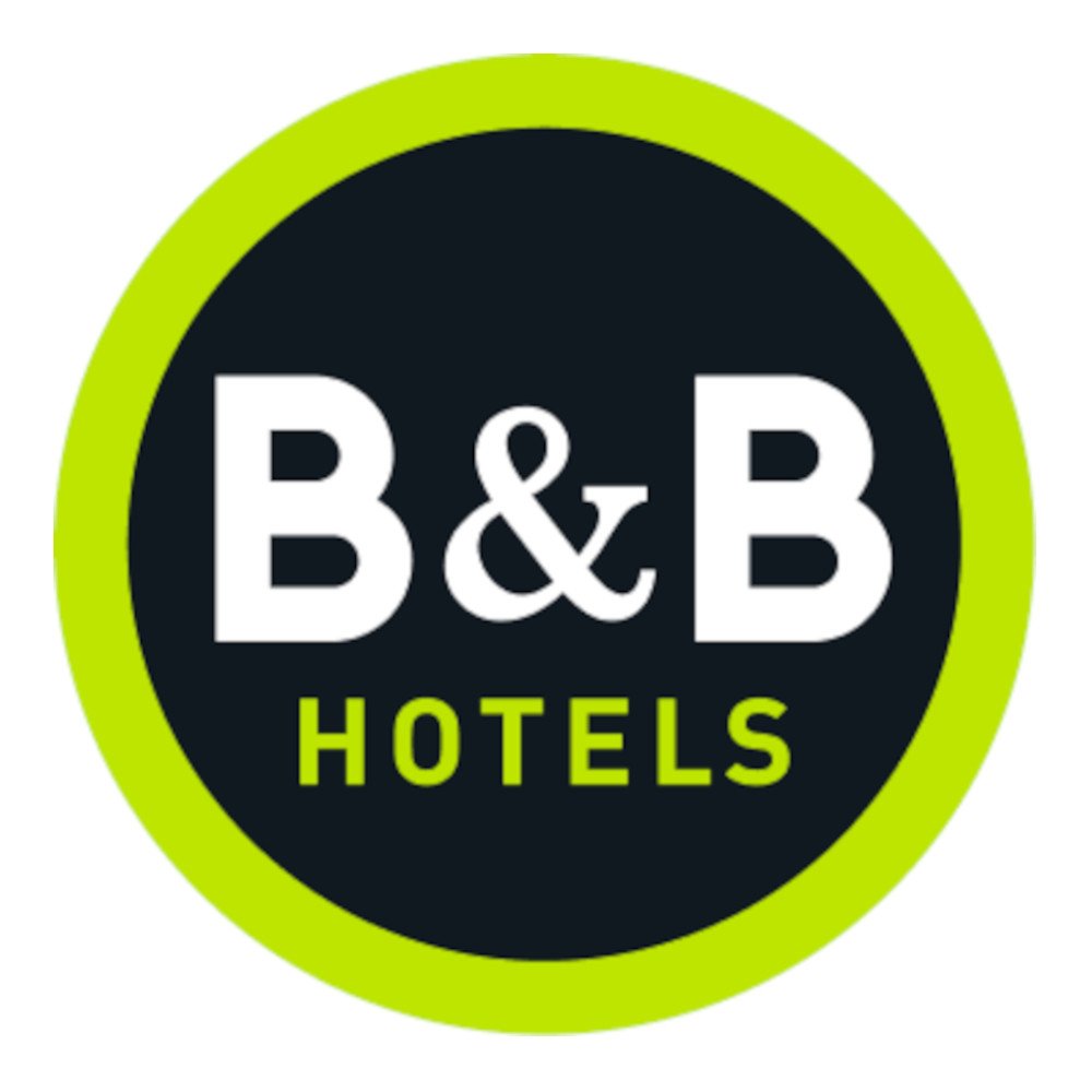 Logo für B&B Hotels mit schwarzem Hintergrund, grüner Umrandung und weißem Text.