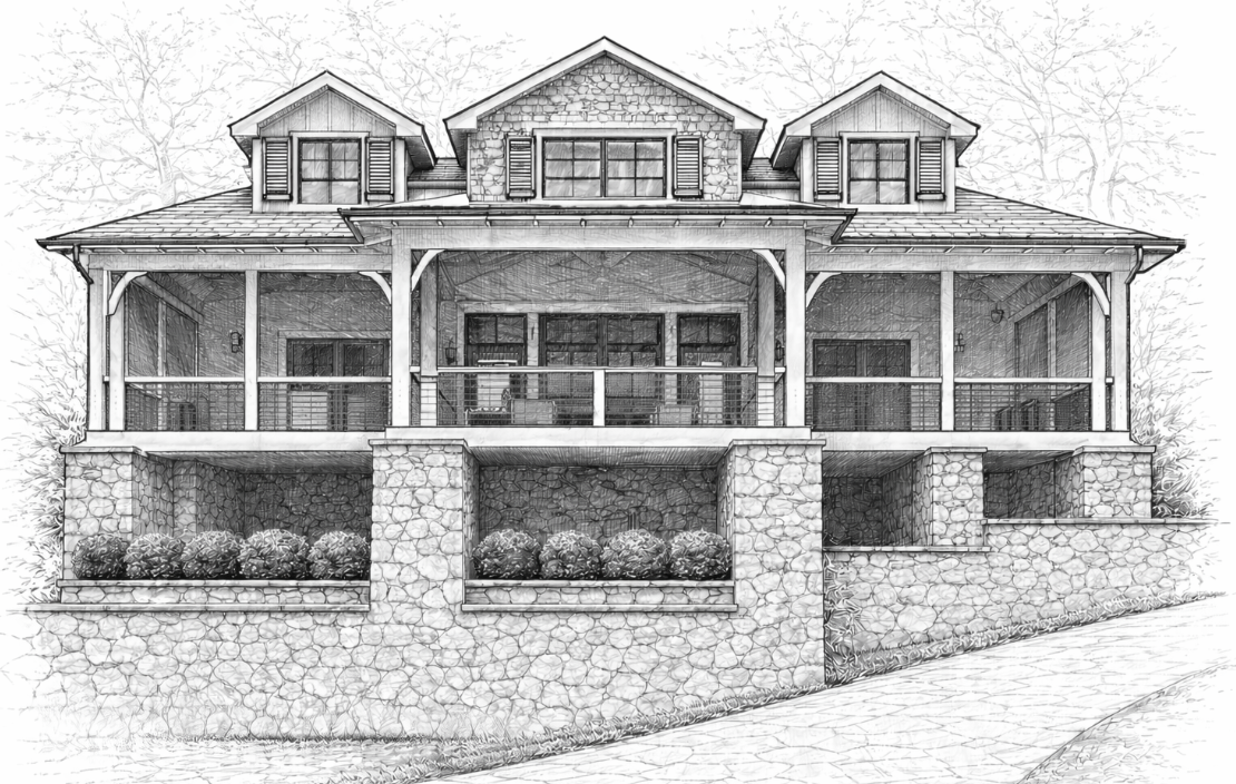 Drawing of a two-story house with a stone foundation, a front porch with a screen, and multiple dormer windows, set on a sloped lot with a walkway.