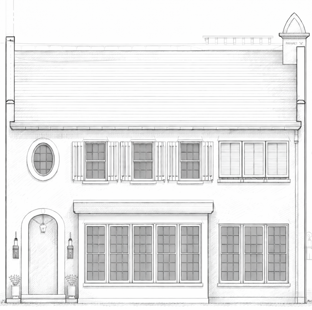 Black and white blueprint sketch of a two-story house with multiple windows, shutters, a door with an arched top, potted plants, and exterior lights.