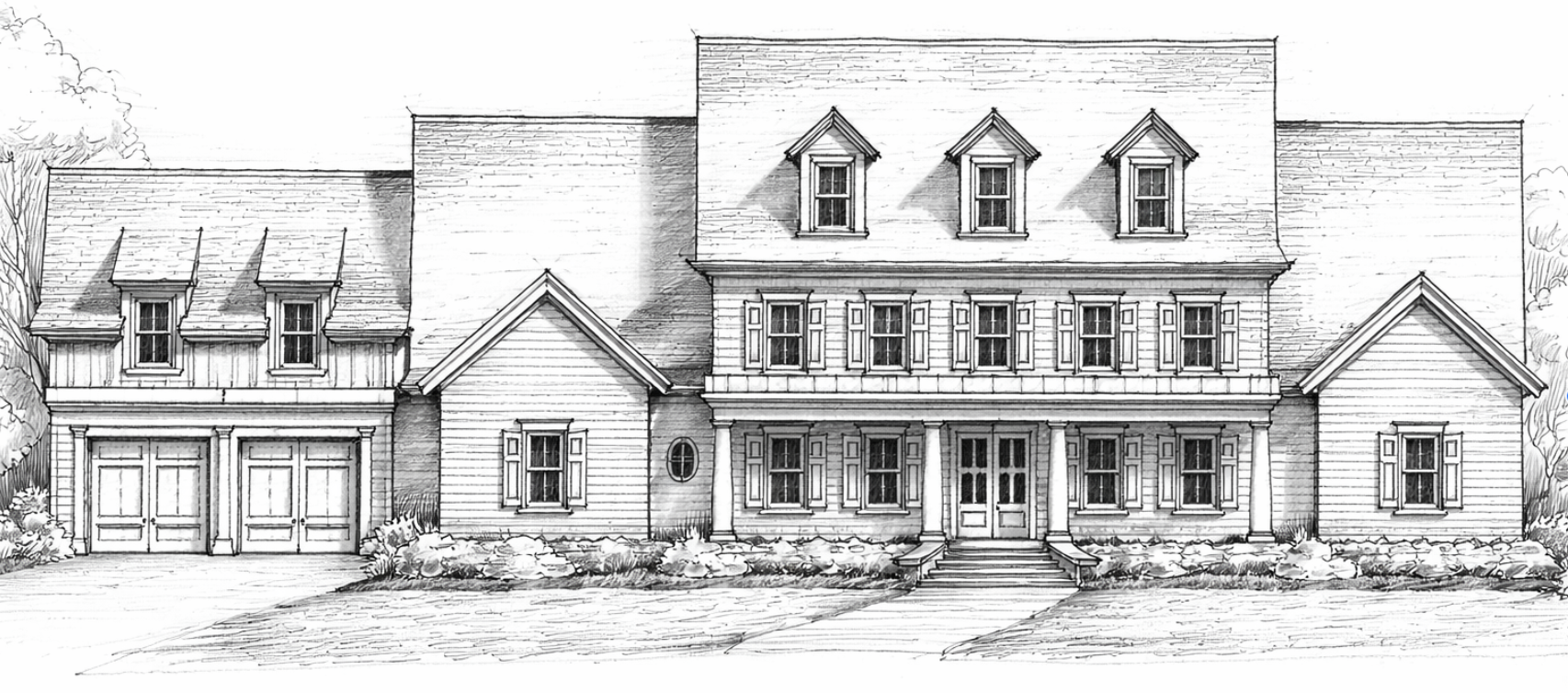 Sketch of a large two-story house with a central entrance, multiple windows with shutters, dormer windows on the roof, a three-car garage on the left, and landscaped bushes in the front yard.