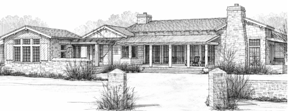 Sketch of a large house with stone and wood exterior, multiple chimneys, a covered porch with columns, and a landscaped front yard.