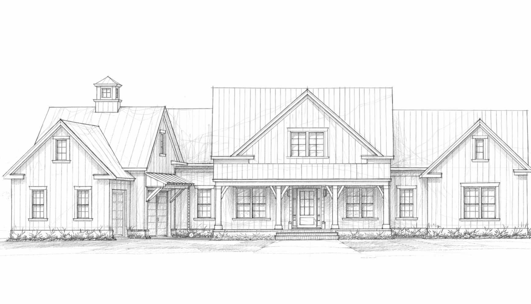 Architectural sketch of a house with multiple gabled roofs, front porch, and a small tower on the left side.