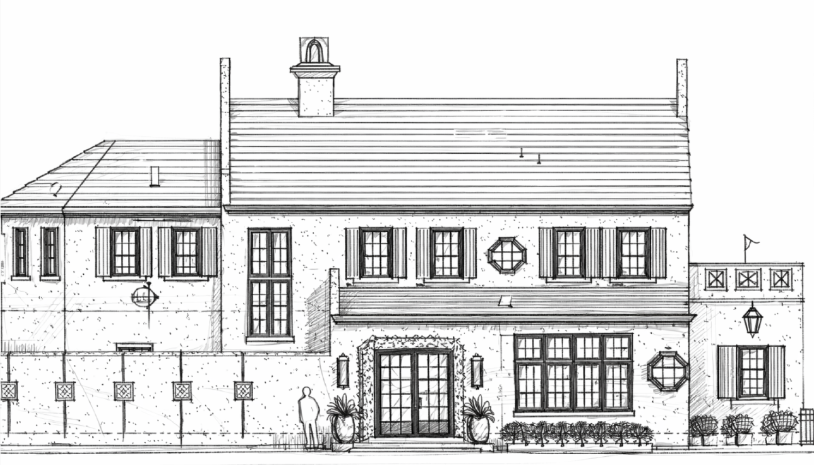 Line drawing of a two-story house with a steep pitched roof, multiple windows with shutters, a chimney, and a front entrance with potted plants. There is a small outdoor patio with a railing and a flag.