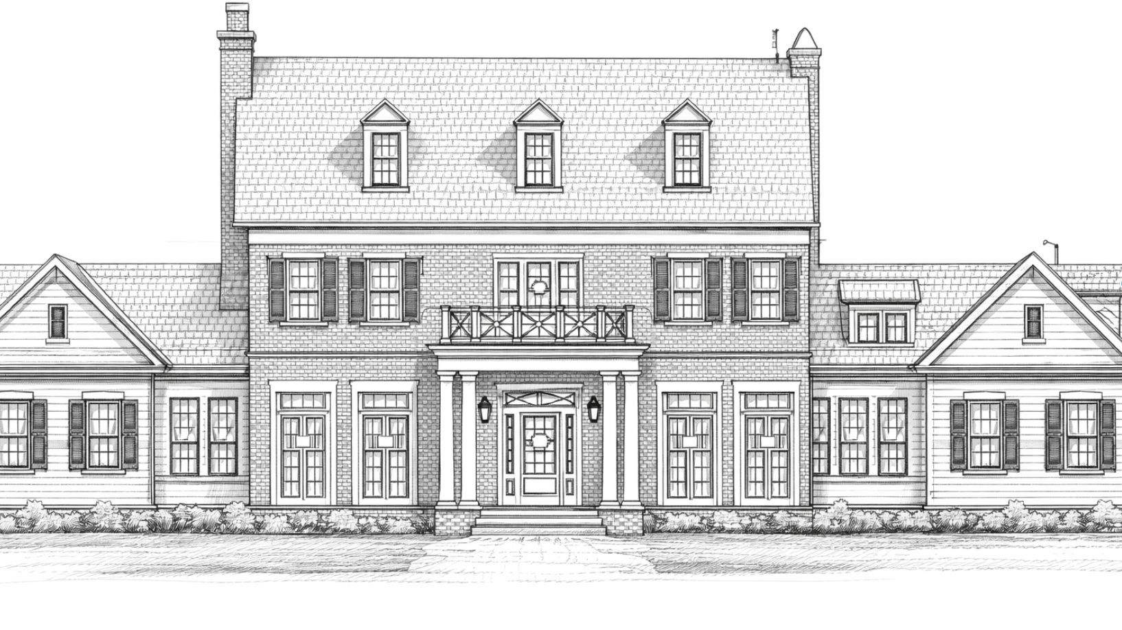 Architectural line drawing of a large, multi-story house with symmetrical windows, a central front porch with columns, and dormer windows on the roof.
