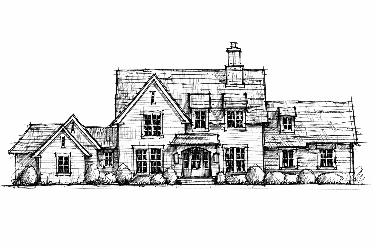 A detailed black and white sketch of a large, traditional house with multiple gable roofs, windows, a chimney, and landscaped bushes in the front.