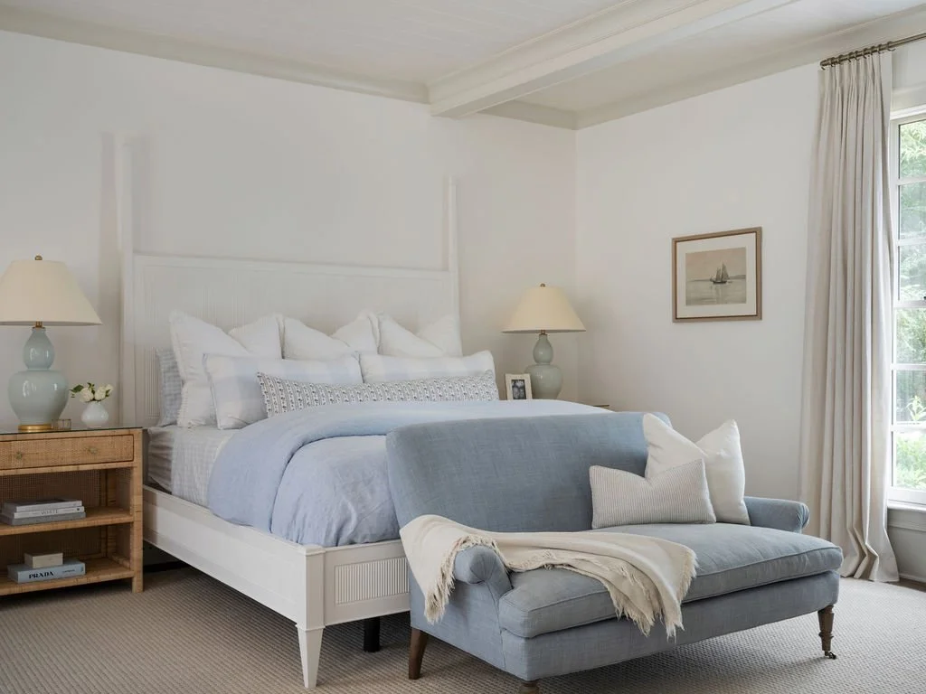A bedroom with a white bed, light blue blanket, and multiple pillows, beside a blue sofa with pillows and a throw blanket, two lamps on bedside tables, framed artwork, and a window with beige curtains.