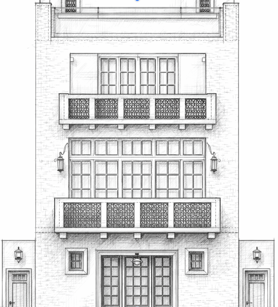 A line drawing of a multi-story building facade with large windows, decorative balconies, and exterior wall-mounted lanterns.