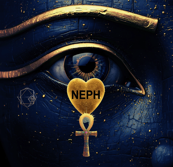 Close-up of an eye with dark blue and gold tones, featuring a heart-shaped gold charm with the word 'NEPH' and a small ankh symbol hanging from the lower eyelid, surrounded by gold accents and geometric designs.