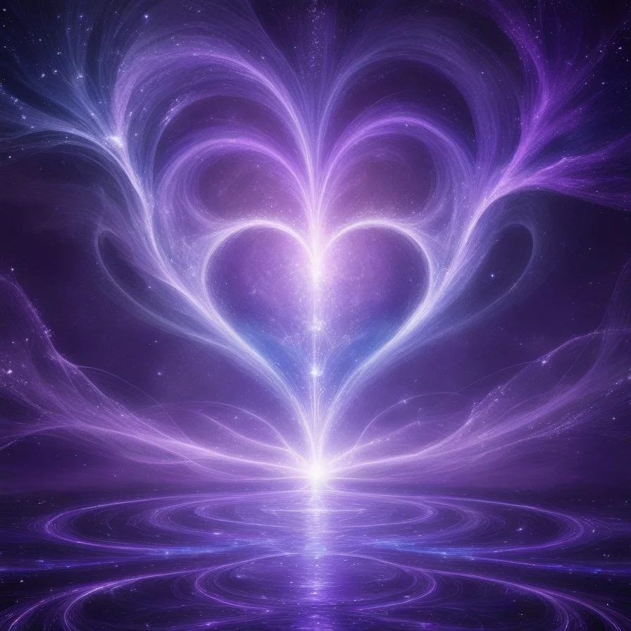 Digital artwork of a luminous purple heart formation with swirling light patterns and reflections on water, set against a starry night sky.