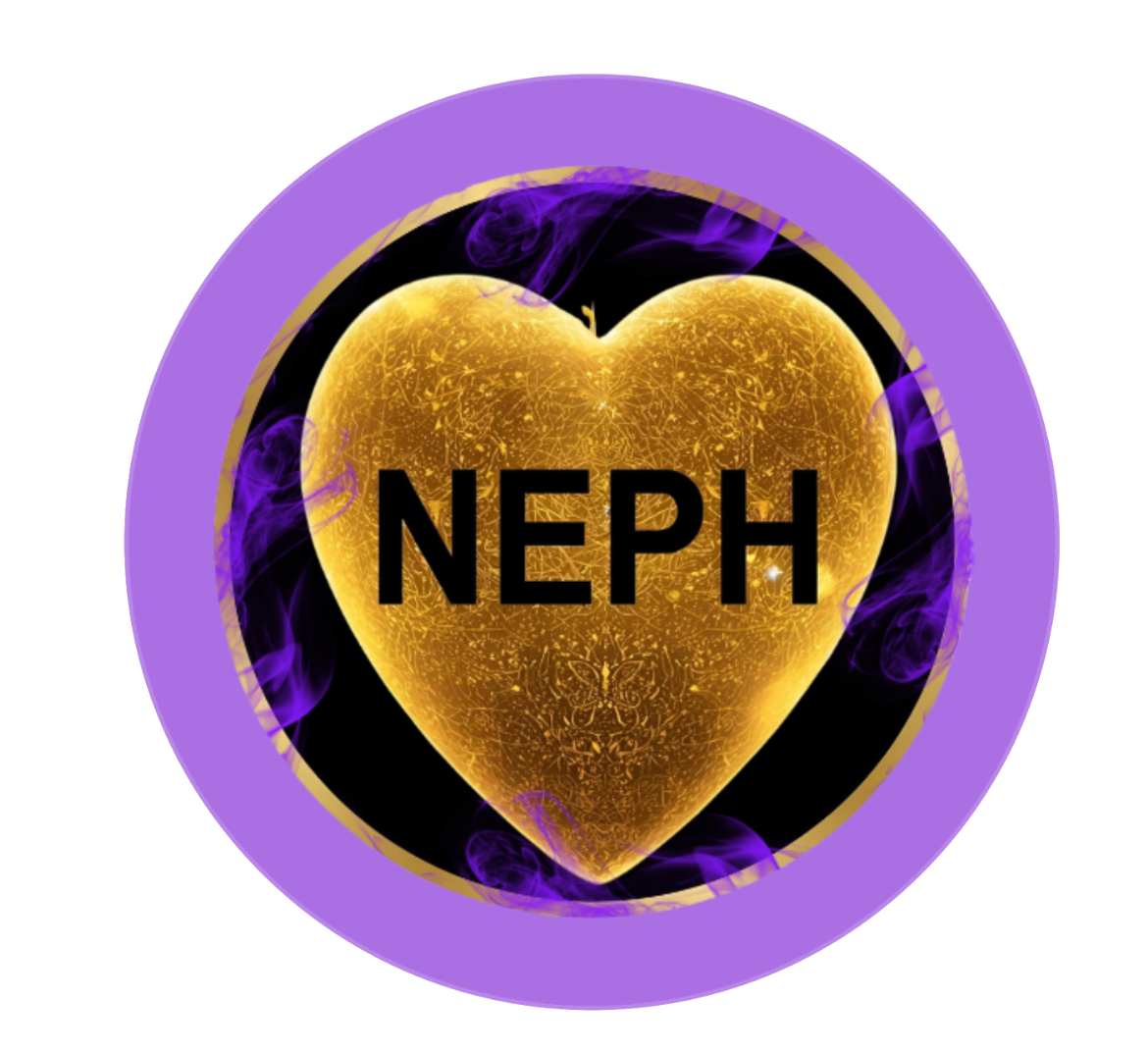 A gold heart with the text 'NEPH' written across it, surrounded by a purple circular border with purple smoke accents.