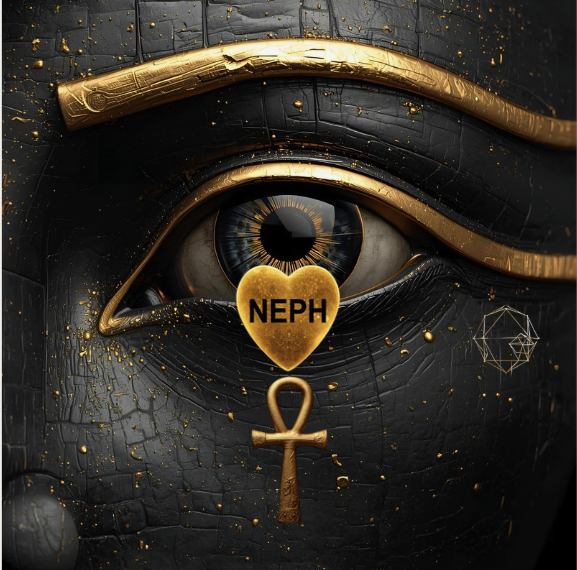 Close-up of an Egyptian-style eye with gold accents, a gold heart with the word NEPH, and a gold ankh hanging below, on a textured black background with gold splatters.