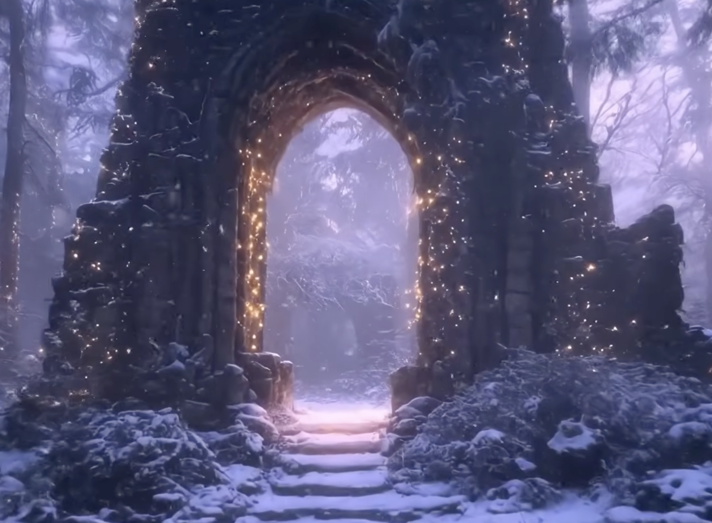 A snowy landscape featuring a stone archway illuminated with small, glowing lights, with snow-covered rocks and trees in the background.
