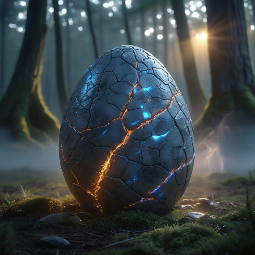 A glowing, cracked, blue and orange egg in a misty forest with moss, trees, and sunlight filtering through