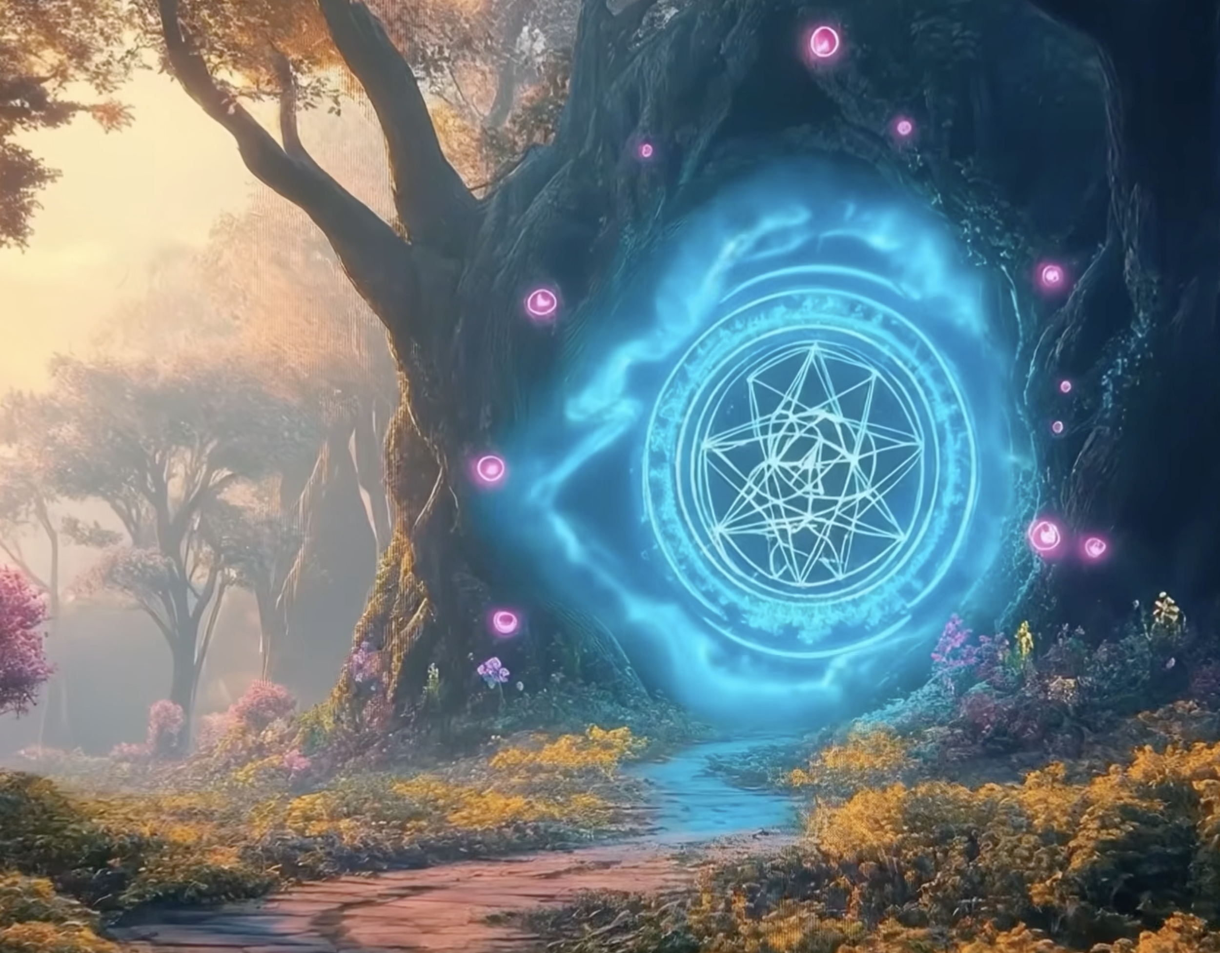 Fantasy scene of a glowing blue portal with a geometric symbol in a forest with trees and autumn-colored foliage.