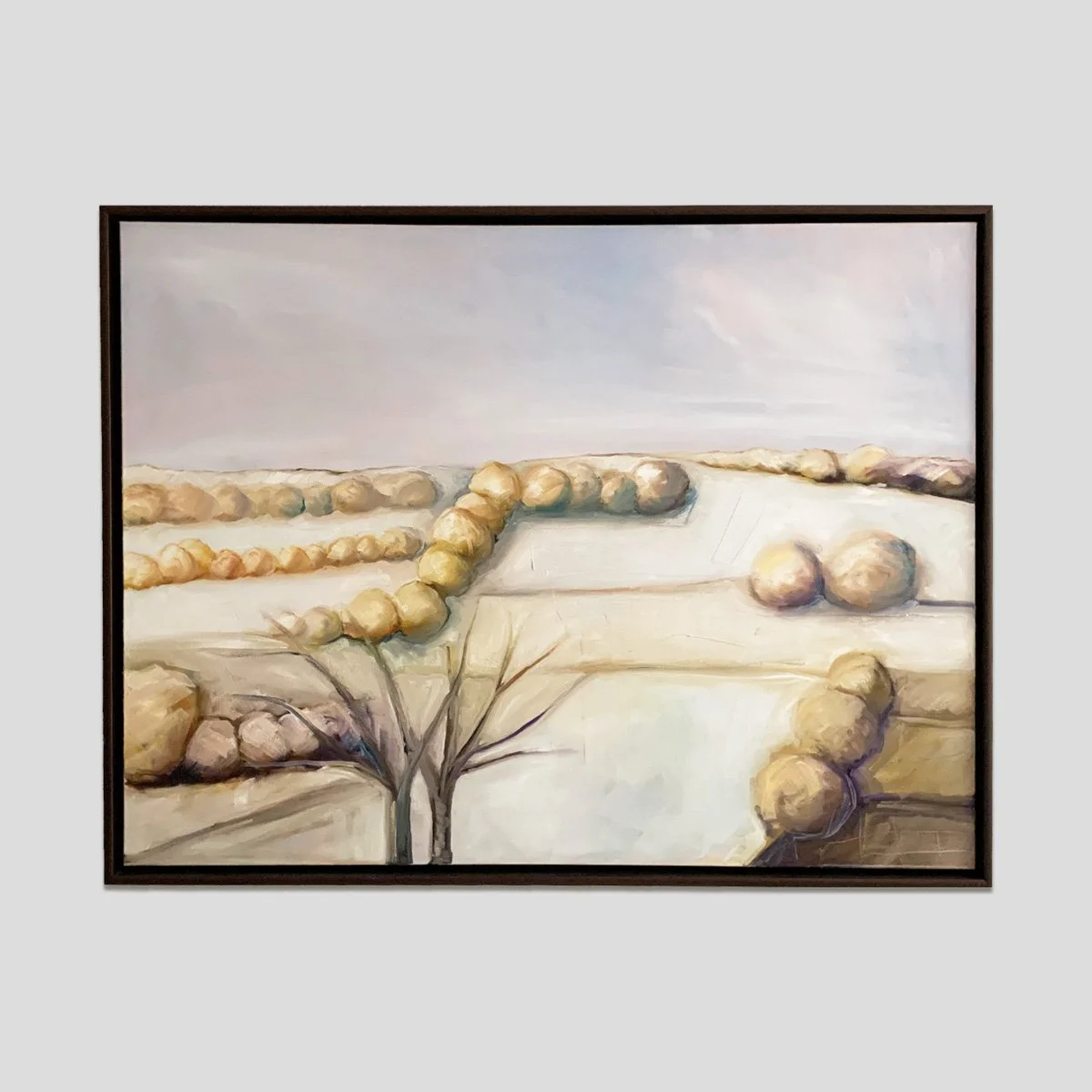 landscape painting of winter farm field