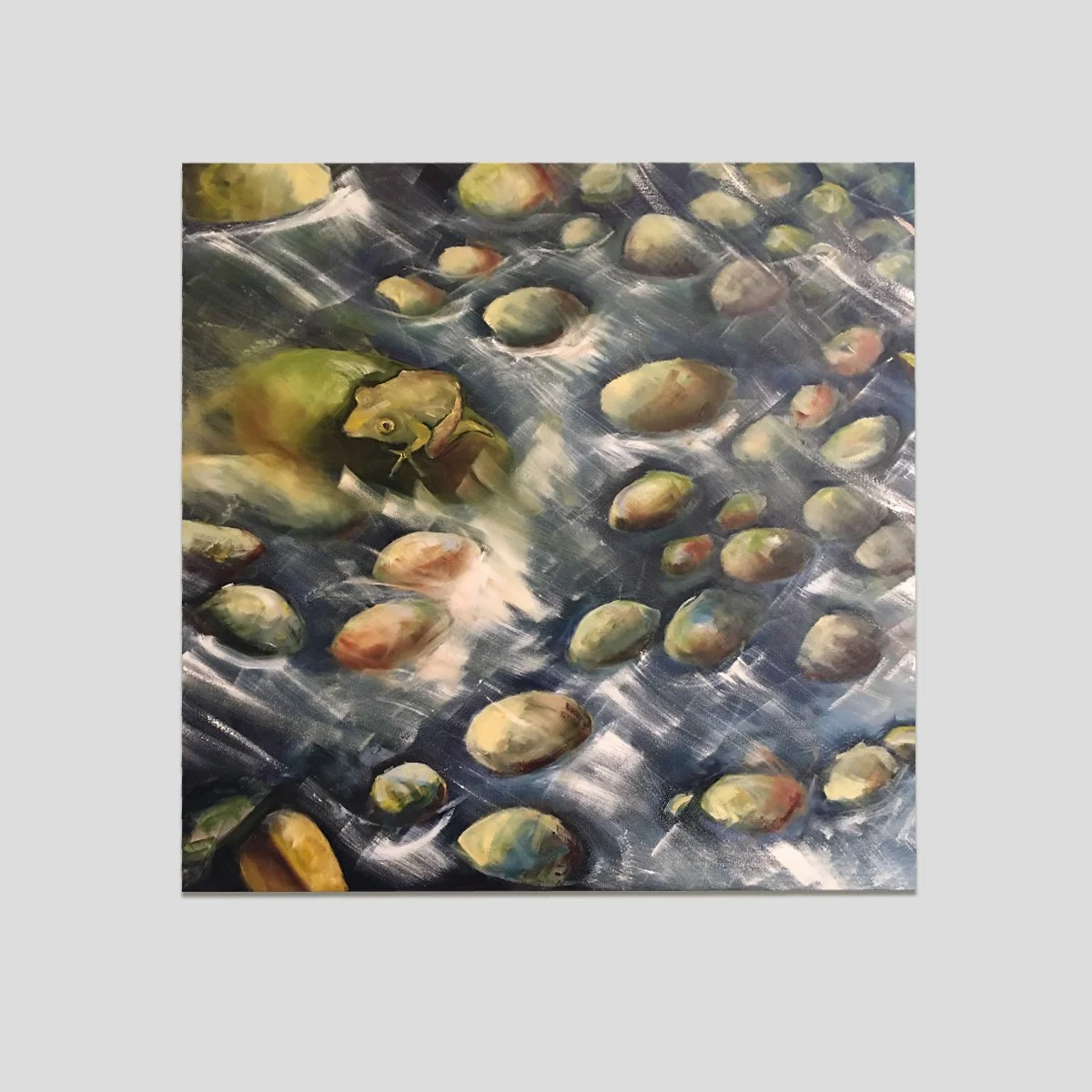 painting of frog on rocks in river
