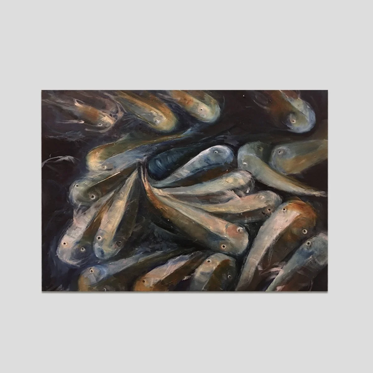 painting of fish feeding in river