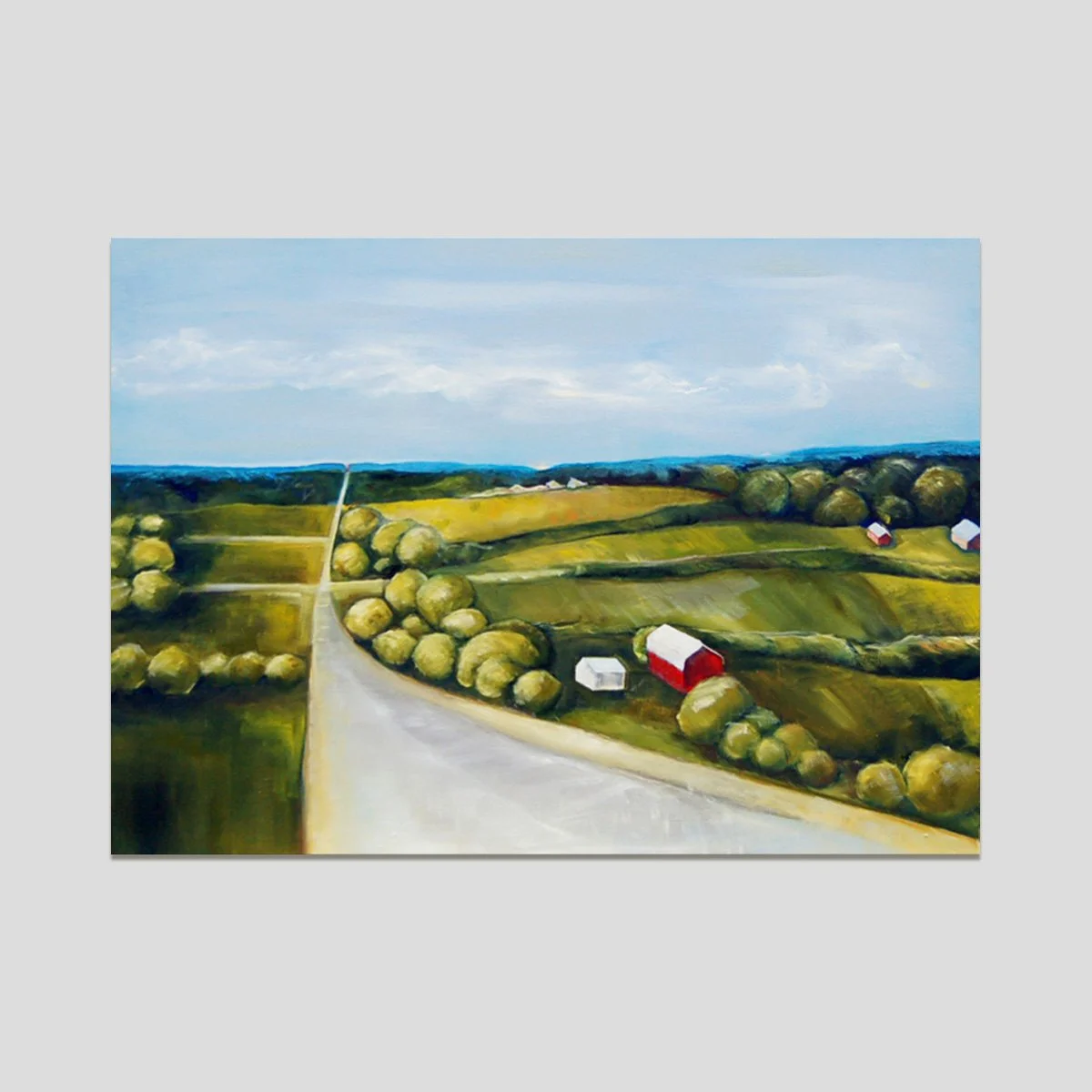 landscape painting, road & red barn