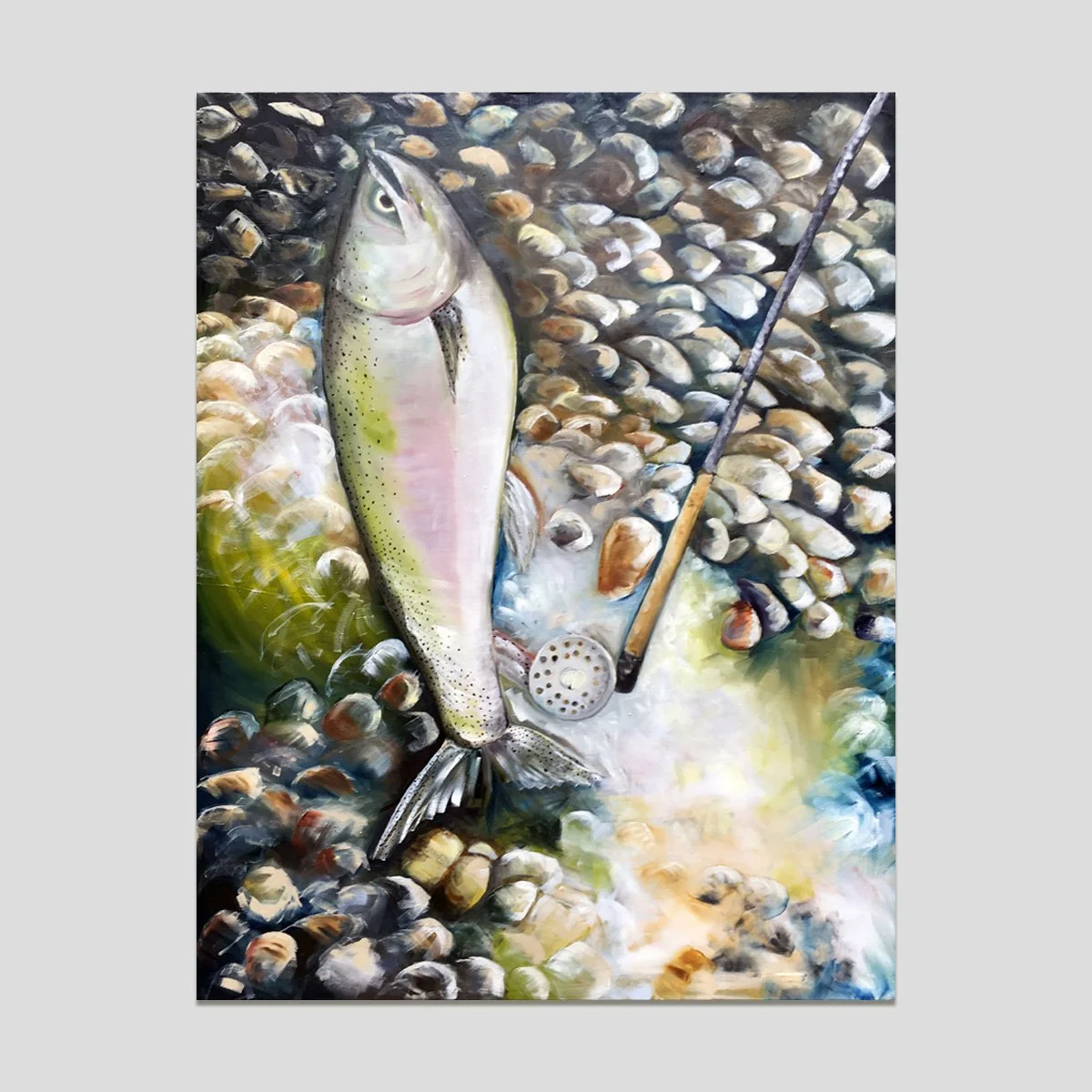 painting of fish & fishing rod on rocks
