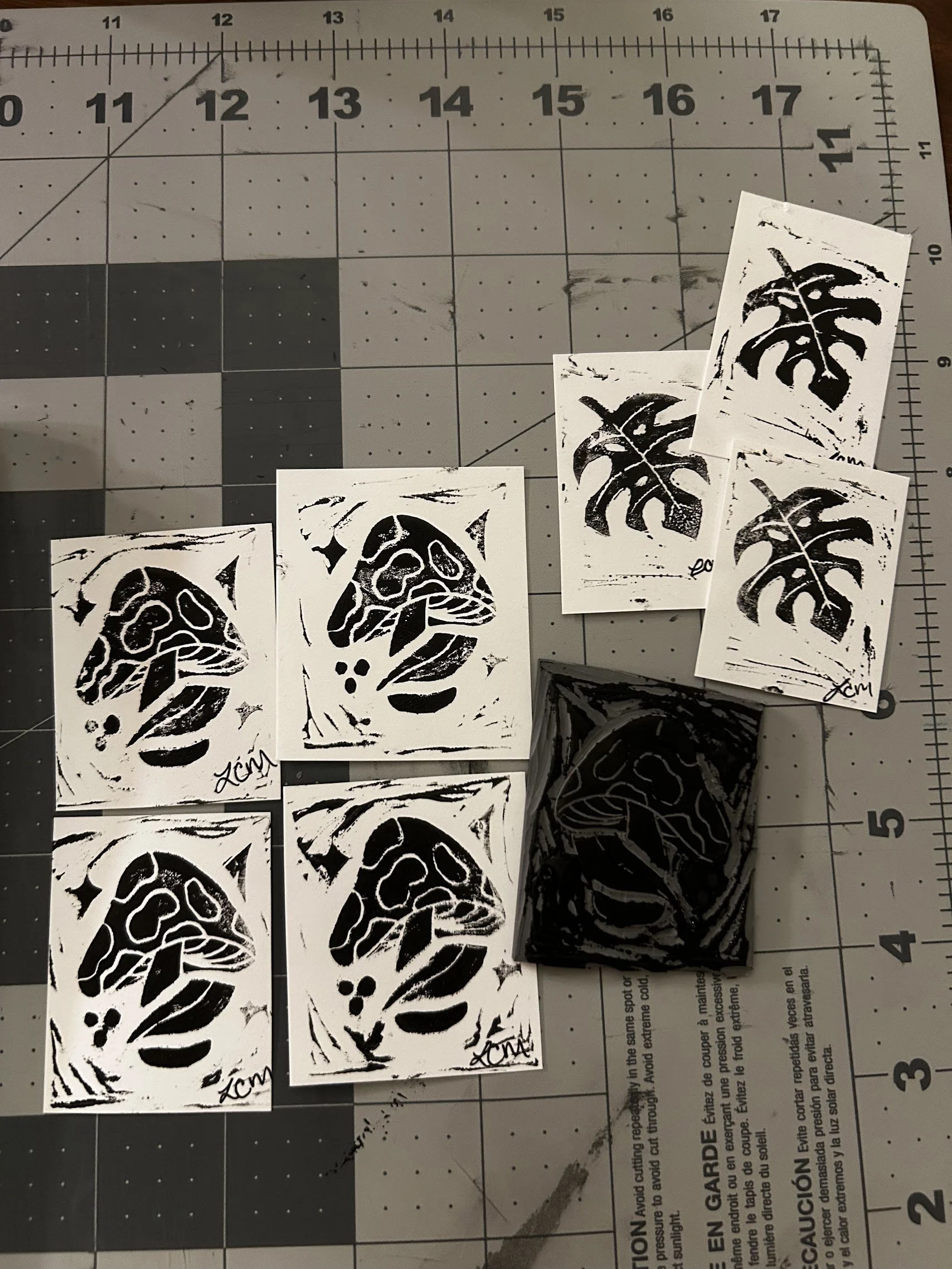 mushrooms and leafs - first lino prints