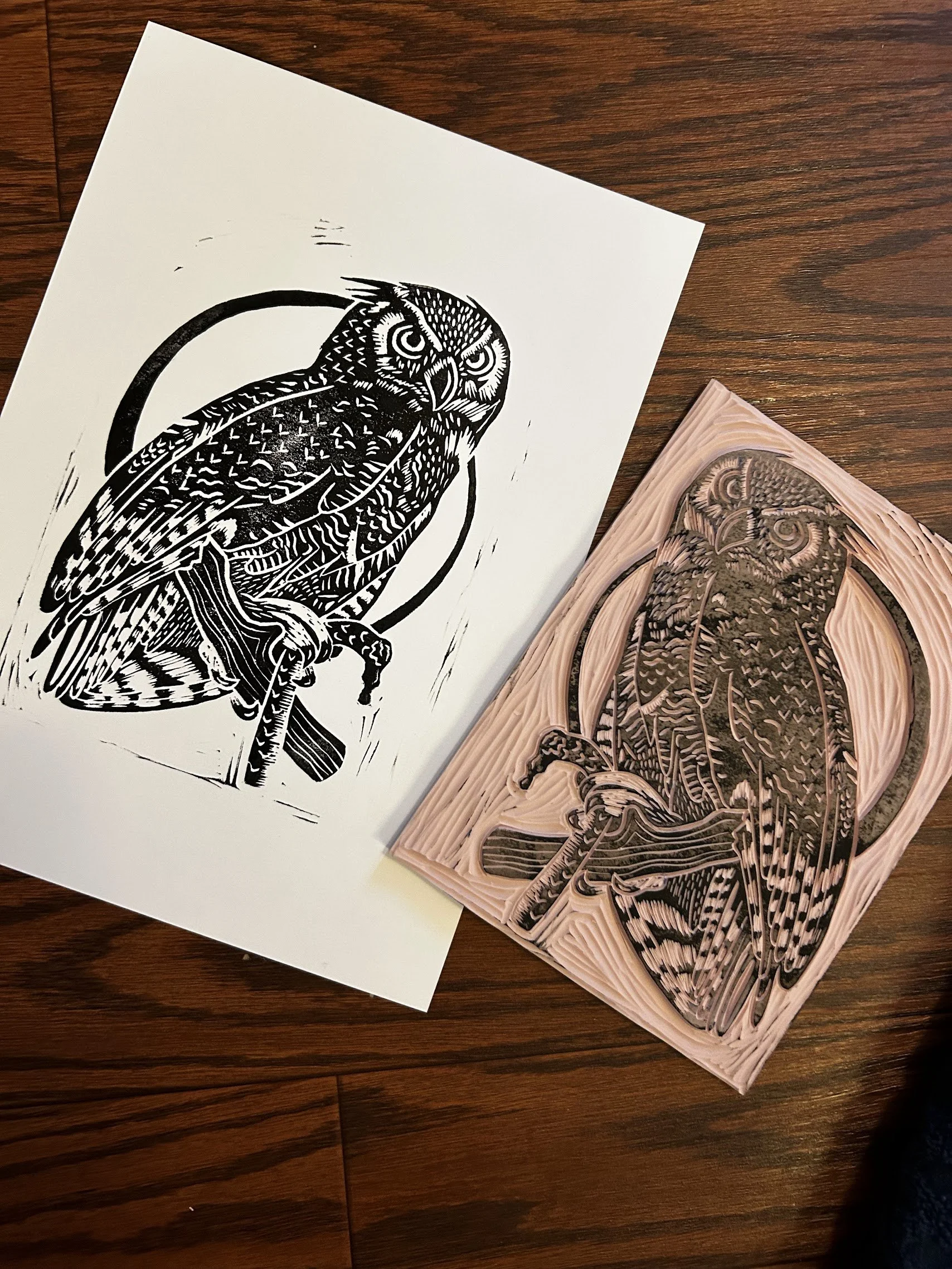 great horned owl print & block