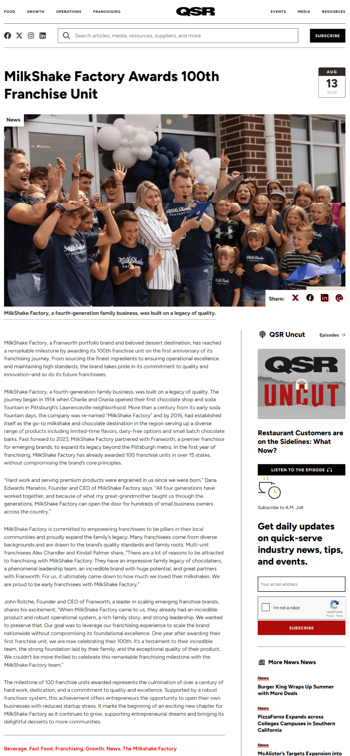 Company Brand Partner Milestone Announcement - Interviewed internal stakeholders to capture quotes, wrote article with minimal feedback, and strongly positioned the emerging franchises success as a testament to their brand story, history, and product
