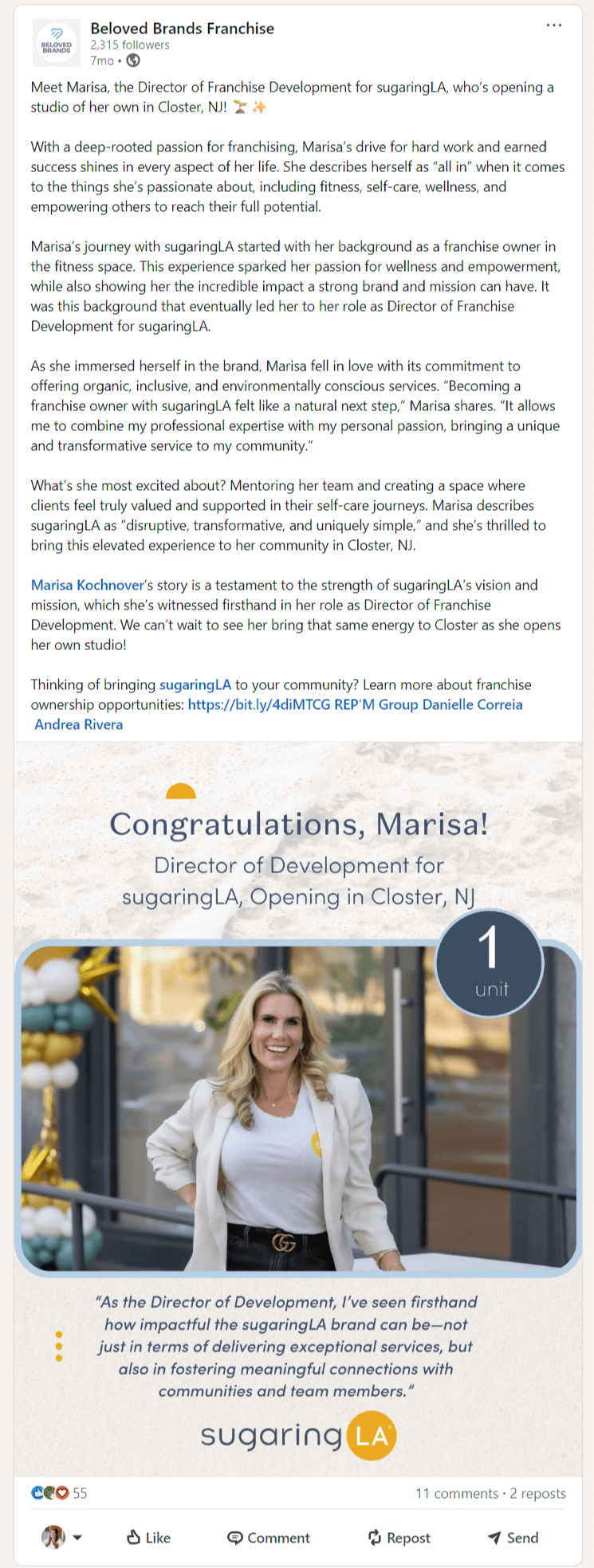 Social post highlighting a franchisee's path to business ownership within company's portfolio of brands, created series, interviewed franchisee, directed graphic template, wrote caption, and posted across channels.