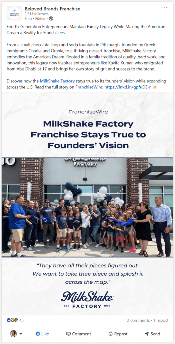 Social post highlighting a brand within company's portfolio of brands, being featured in a media piece, created graphic template, wrote caption, and posted across channels.